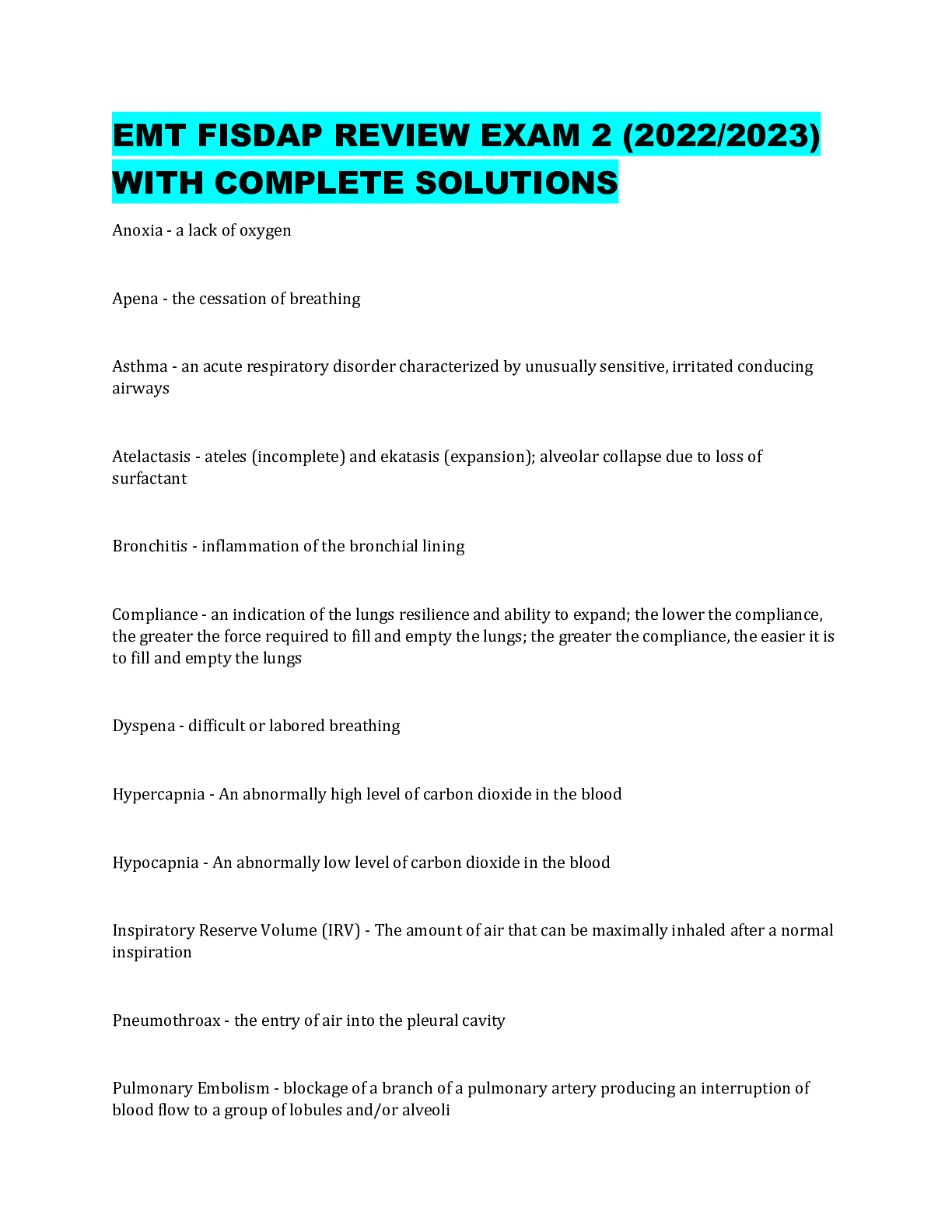 Preview image for EMT FISDAP REVIEW EXAM 2 (2022/2023) WITH COMPLETE SOLUTIONS